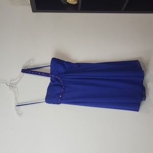 XSCAPE by Joanna Chen Blue One Shoulder Beaded Ruched Bust Formal Midi Dress